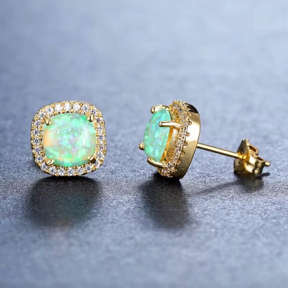 NEW 18k Gold Green Opal Diamond Earrings Cushion Cut Stud Earrings - Picture 4 of 4